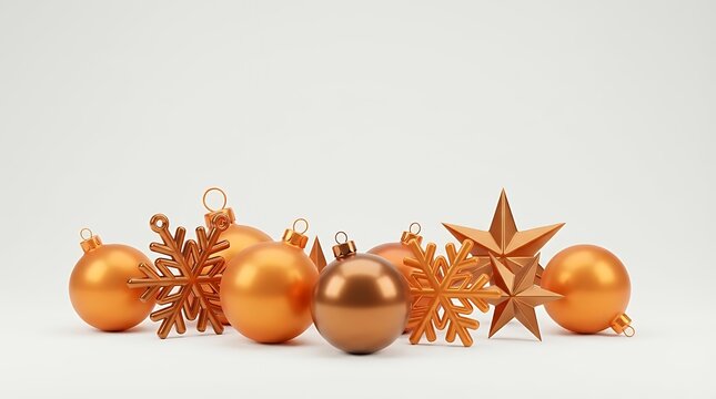 A festive and elegant 3D render of Christmas ball decorations featuring a beautiful orange-colored bauble alongside a snowflake and a star shape. All items are isolated on a clean white background