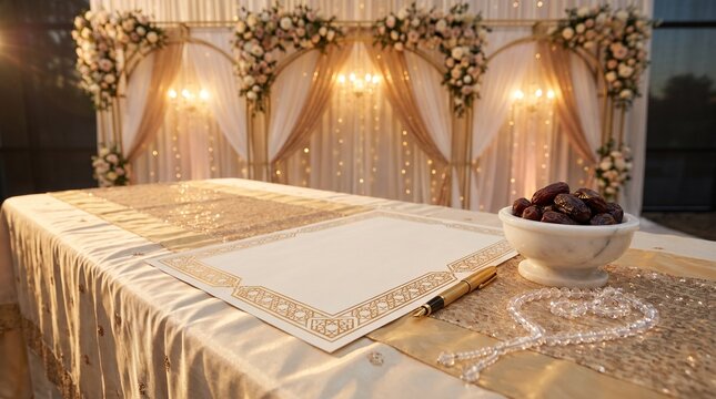 Luxury nikah nama blank document with gold pen, dates and tasbih on wedding table