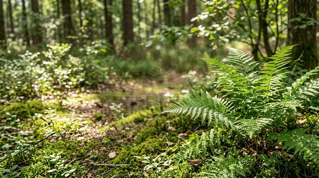 Sunlit Green Fern Leaves in Nature: Lush Foliage of Fern Bush Captured on Sunny Day Symbolizing Mental Health Awareness Tranquility and Connection with Natural Environment mental fern leaves in the