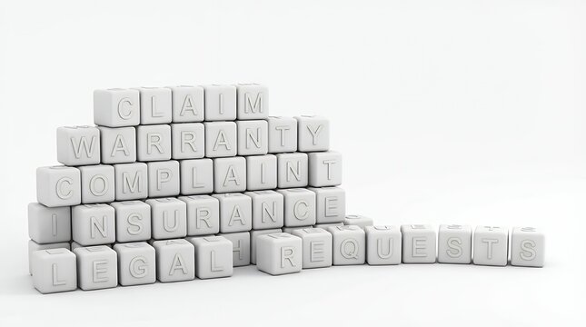 Claim Buzzword Cubes on White Background: 3D Rendering of Stacked Dice with Text Representing Insurance Claims Warranty Requests or Formal Complaints in Business and Legal Contexts insurance claim