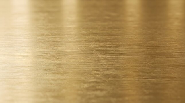 Brushed gold metal surface texture featuring reflective light glares and fine horizontal scratches captured with shallow depth of field focus