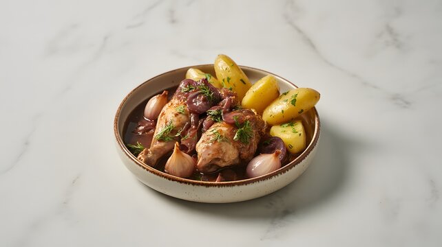 Coq au vin chicken stew cooked in wine with potatoes in a bowl braised chicken roasted potatoes french cuisine meat dish savory meal hot food restaurant homemade delicious potatoes european