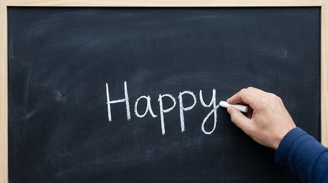 A Simple Gesture of Positivity: A Hand Drawing the Word Happy' on a Chalkboard a Visual Representation of Choosing Joy Optimism and Good Mental Health. hand drawing writing word happy on blackboard