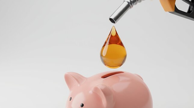 An Unconventional Savings Plan: A Striking 3D Render of a Single Drop of Fuel Falling Directly into a Pink Piggy Bank from a Fuel Pump Nozzle Symbolizing the Soaring Costs of Energy and Its Impact on