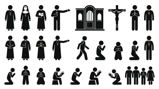 Christian religious clergy and congregation members vector graphic collection featuring simple black stick figure icons