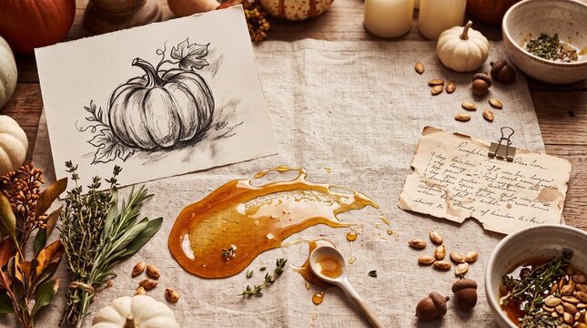 Autumn Cooking Still Life with Pumpkin Sketch and Recipe