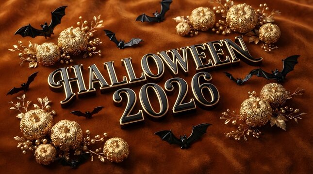 Halloween 2026 sign with gold pumpkins and black bats on a dark wooden background