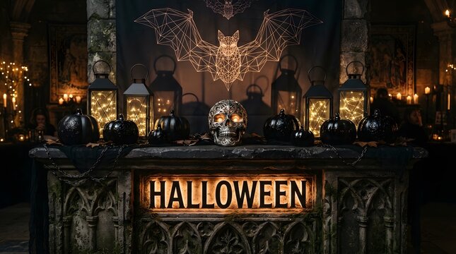 Spooky halloween decoration with a skull and glowing pumpkins on a dark stone fireplace mantle