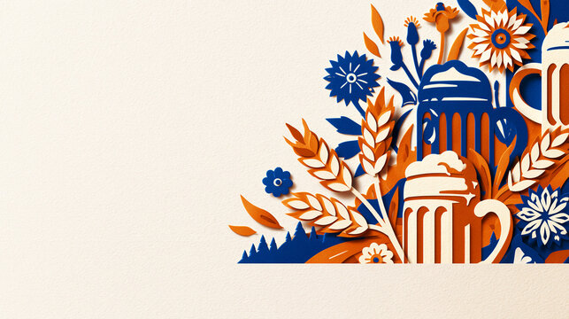Oktoberfest Papercut Background with Beer Mugs and Wheat