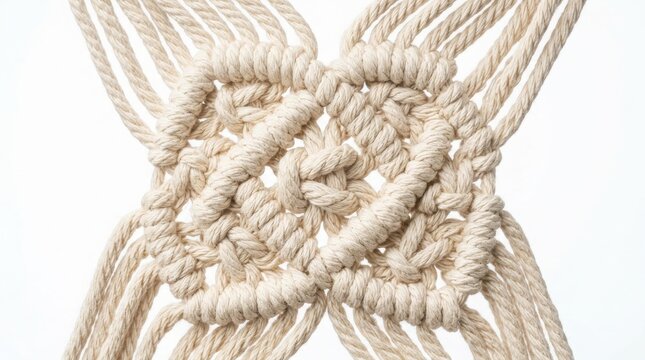 Detailed close up of handmade woven macrame cord knot pattern texture with handmade bohemian creative material interior ornament composition abstract background structure creation technique