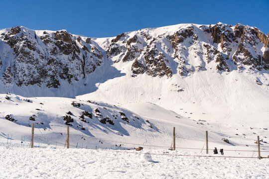 Farellones Ski Resort, Chile. Snow on the mountains, sunny day. Andes Mountains.