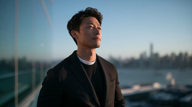 Confident Asian Businessman Looking at City Skyline from Rooftop