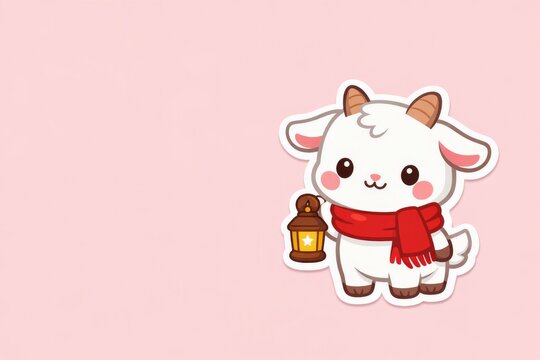Cute cartoon goat holding a lantern on pink background for sticker and greeting card design with kawaii winter scarf character illustration and playful space
