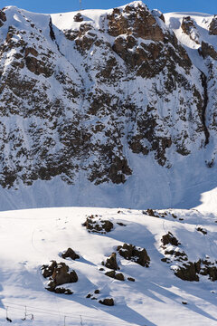 Farellones Ski Resort, Chile. Snow on the mountains, sunny day. Andes Mountains.