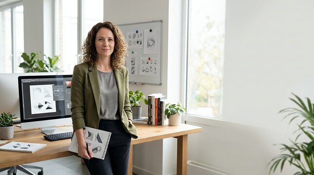 Creative Vision in a Modern Workspace: A Portrait of a Confident Female Designer Standing Proudly in a Bright Contemporary Office Environment Surrounded by the Tools and Atmosphere of Her Creative
