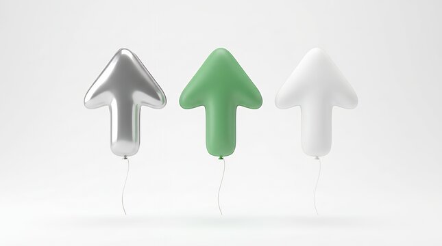 Navigating the Future in Style: Three Elegant Arrow-Shaped Balloons in Silver Green and White Floating Side-by-Side Against a Clean White Background. A 3D Rendered Concept Symbolizing Direction