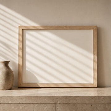 Horizontal wooden frame mockup on stone shelf with diagonal sunlight shadows, minimalist interior background for artwork display, poster branding, advertising, and design concepts.