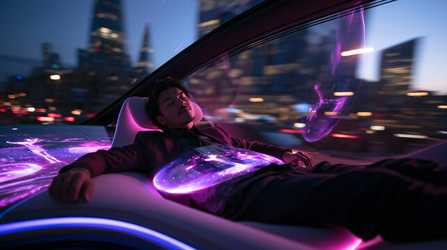 Businessman Relaxing in Autonomous Futuristic Vehicle at Night