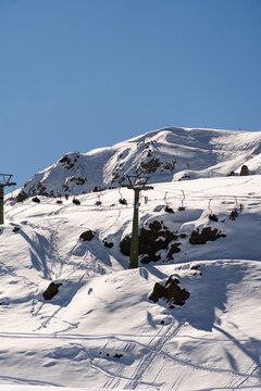 Farellones Ski Resort, Chile. Snow on the mountains, sunny day. Andes Mountains.