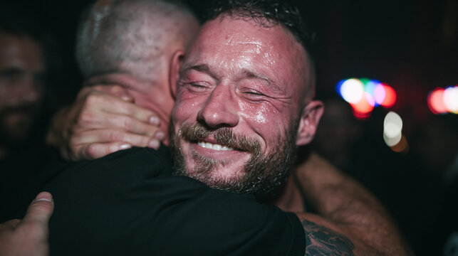 Emotional Sweaty Athlete Hugging Coach in Joyful Victory