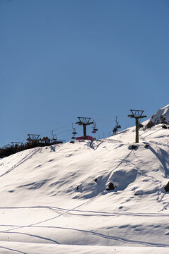 Farellones Ski Resort, Chile. Snow on the mountains, sunny day. Andes Mountains.