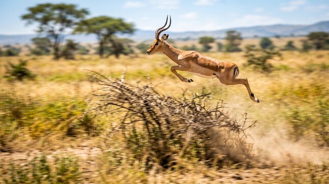 Impala Leaping Over Bush in African Savannah