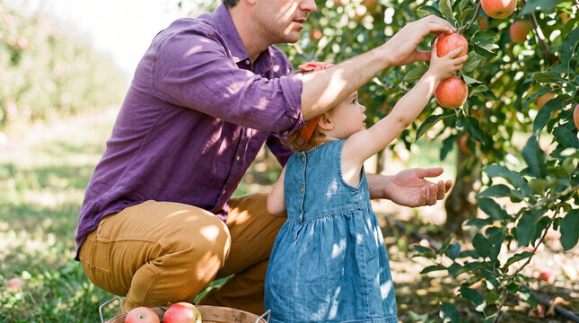 Father and daughter picking apples together in an orchard  