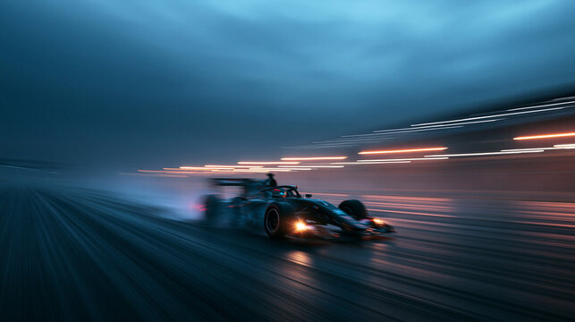 Formula Race Car Speeding on Wet Track at Night