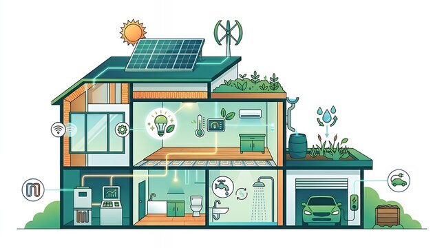 A sustainable home improvement infographic with a house section featuring eco-friendly upgrades for the home represented by icons for innovation sustainable home improvement infographic house section