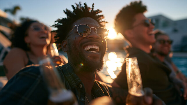 Joyful Friends Laughing and Toasting Beer at Sunset Party