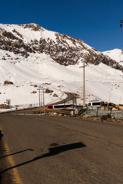 Farellones Ski Resort, Chile. Snow on the mountains, sunny day. Andes Mountains.