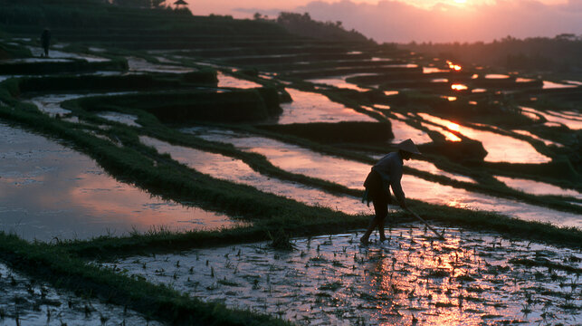 Farmer Working in Terraced Rice Field at Sunrise