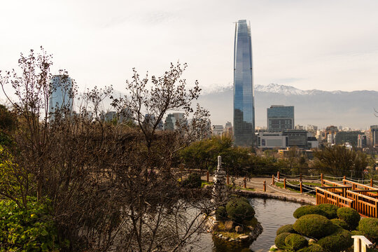 Japanese Garden in Santiago, Chile. Santiago Metropolitan Park. Andes Mountains in the background. Sunny day