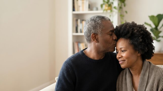 A Black man kissing his wife on the forehead a romantic mature couple enjoying time together close-up face of beautiful wife receiving sweet kiss from husband at home for their anniversary