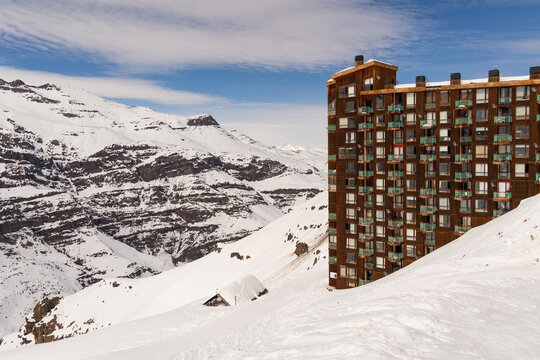 Valle Nevado Ski Resort, Chile. Snow on the mountains, sunny day. Andes Mountains.
