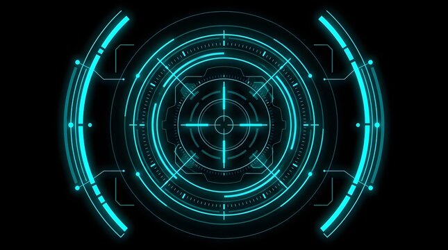 Glowing cyan circular hud interface with targeting reticle and telemetry