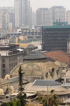 View of downtown Santiago from Santa Lucia Hill, Chile. Sky with haze and clouds. Overcast