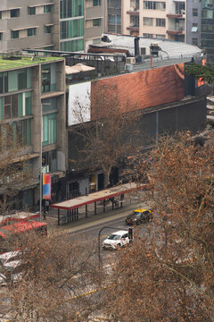 View of downtown Santiago from Santa Lucia Hill, Chile. Sky with haze and clouds. Overcast