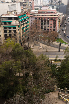 View of downtown Santiago from Santa Lucia Hill, Chile. Sky with haze and clouds. Overcast