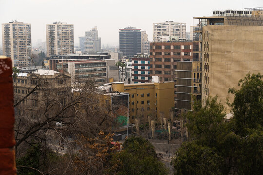 View of downtown Santiago from Santa Lucia Hill, Chile. Sky with haze and clouds. Overcast