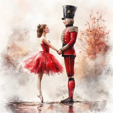 Nutcracker and ballerina dancing on evening background. The Nutcracker New Year's Tale