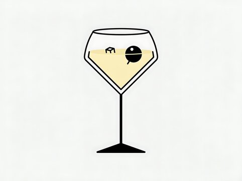 Elegant wine glass filled with yellow white wine and ice vector illustration