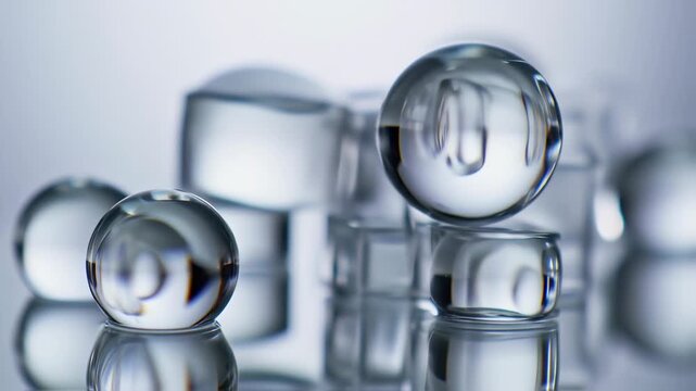 Clear Glass Balls on Reflective Surface.