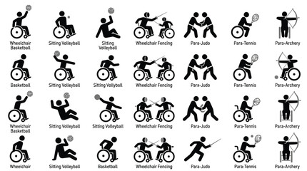 Fototapeta premium Paralympic sports icons set featuring various adaptive athletic activities in a clean minimalist vector graphic style