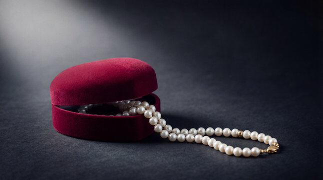 Pearl necklace spilling from red velvet jewelry box on dark surface representing elegance luxury romance heritage gift giving celebration timeless beauty refined accessory classic keepsake