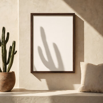 Minimal black frame mockup with cactus plant on textured wall and strong sunlight shadows, perfect for modern poster design, artwork presentation, and branding layouts.