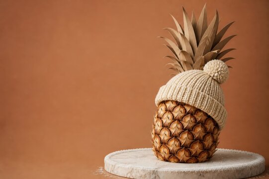 Pineapple in beanie on pedestal with warm studio styling
