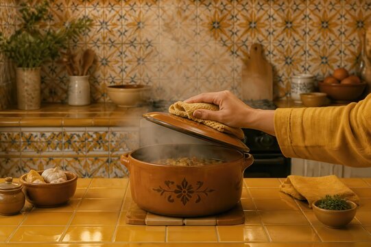 Warm Claypot Steaming in a Rustic Mediterranean Kitchen