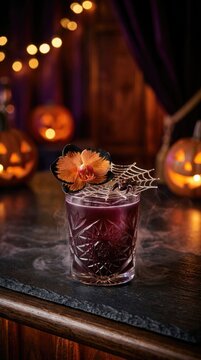 Eerie purple beverage: spooky glass, gothic cocktail, Halloween potion, smoky atmosphere, dark pumpkin, orchid garnish, spider web, warm light, creepy mood, mystic vapor.