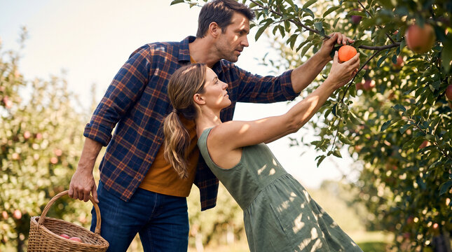 Couple picking apples together in an orchard on a sunny day  